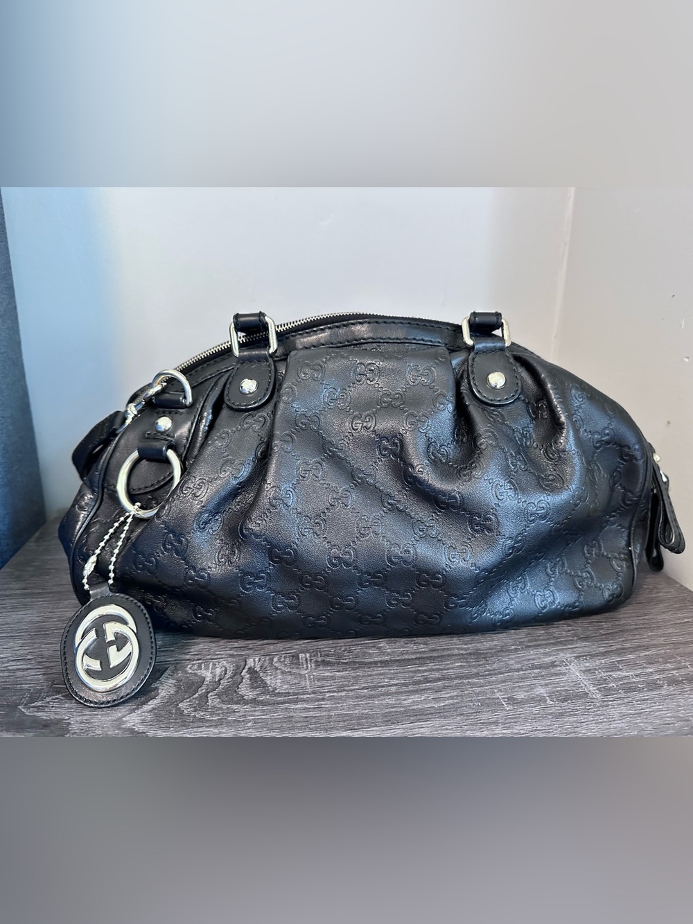 Gucci Black Embossed Leather Small Sukey Boston Shoulder Bag w/ Crossbody Strap